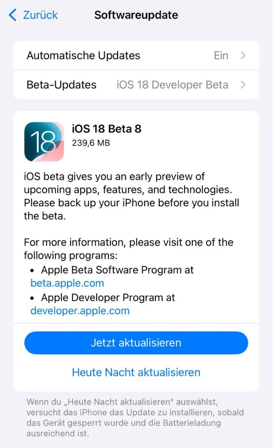 周村苹果手机维修分享苹果 iOS / iPadOS 18 开发者预览版 Beta 8 发布 